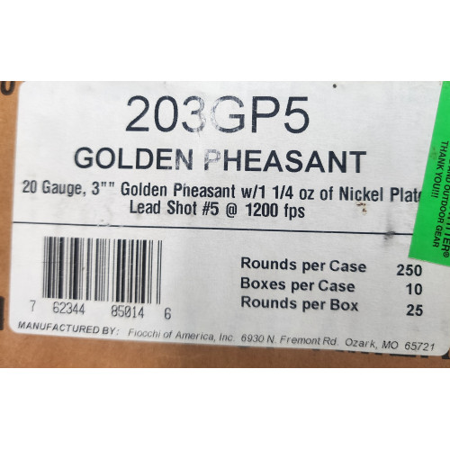 Fiocchi Golden Pheasant 20ga 3" 1 1/4oz 5 shot nickel plated